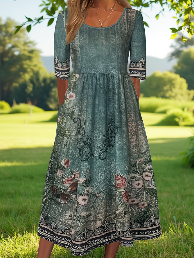 Women Floral H-Line Maxi Crew Neck Casual Summer Daily Dress-image-17106353