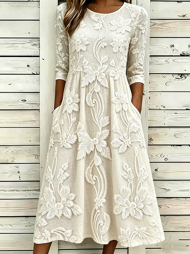 Women Floral H-Line Maxi Crew Neck Casual Summer Daily Dress-image-17107004