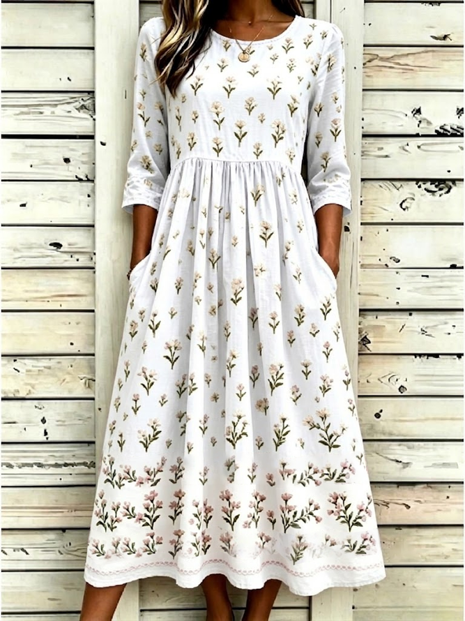 Women Floral H-Line Maxi Crew Neck Casual Summer Daily Dress-image-17106968