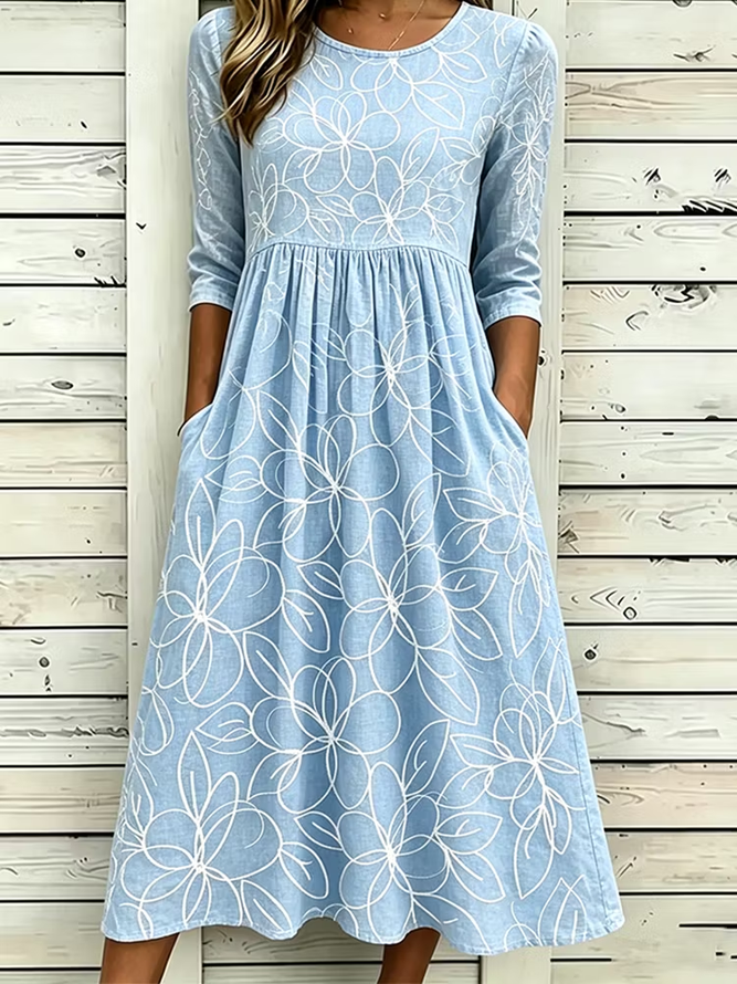 Women Floral H-Line Maxi Crew Neck Casual Summer Daily Dress-image-17106980