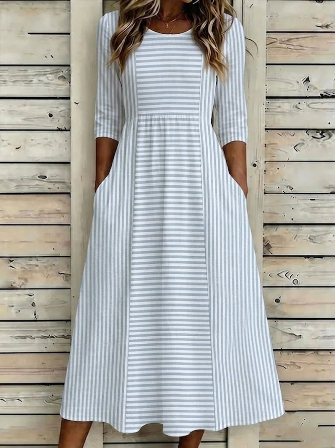 Women Striped H-Line Maxi Crew Neck Casual Summer Daily Dress-image-17106956