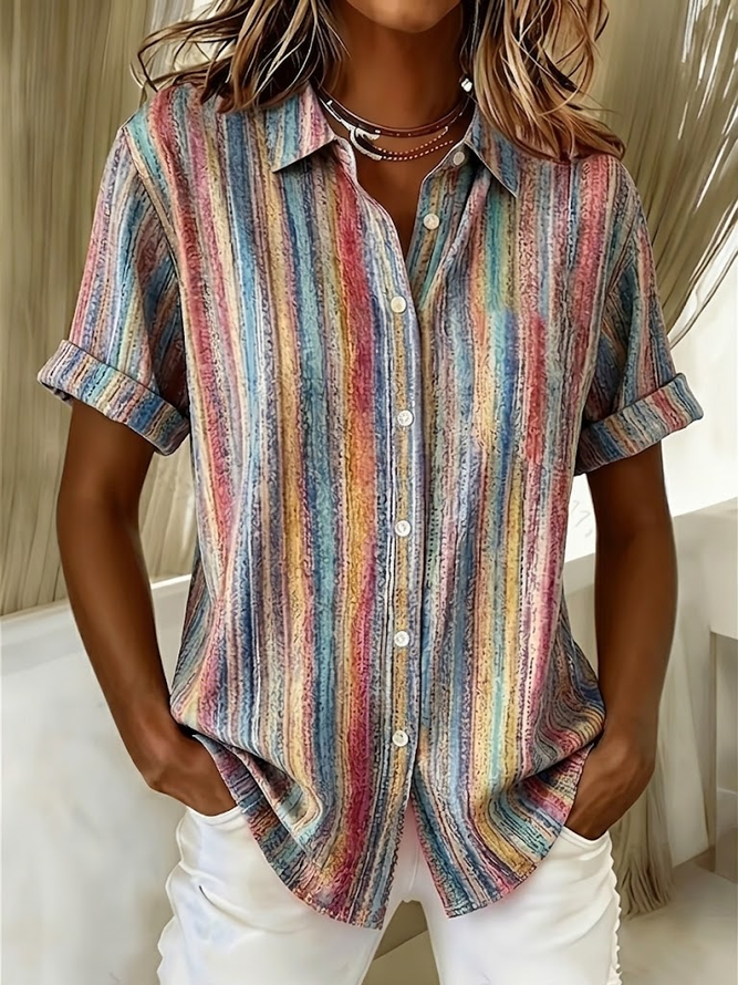 Women Abstract Stripes Casual Shirts Shirt Collar Printing Button Up Shirt Short Sleeve Summer Top-image-17107367