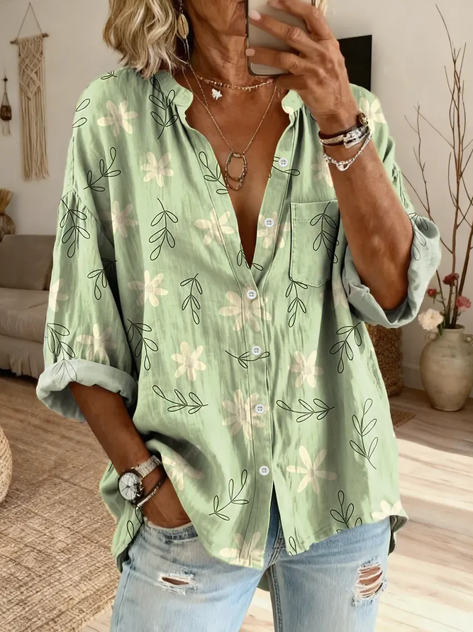 Women Floral Casual Shirts Stand Collar Button Up Shirt Long Sleeve Spring/Fall Top-image-17090856