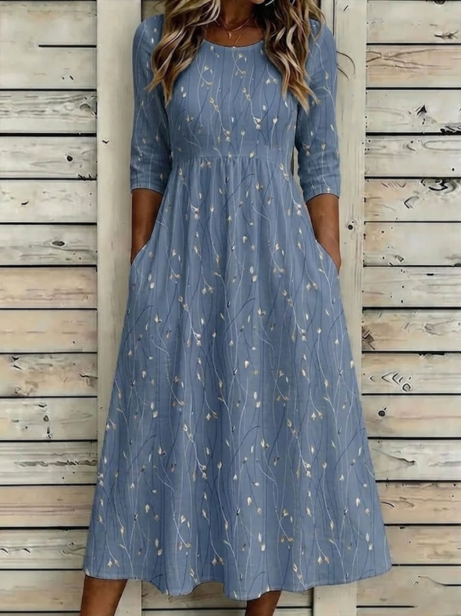Women Floral H-Line Maxi Crew Neck Casual Summer Daily Dress-image-17107343