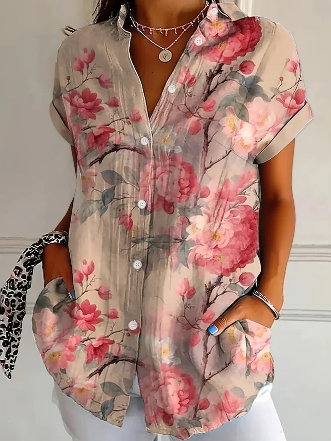 Women Floral Casual Shirts Shirt Collar Printing Button Up Shirt Short Sleeve Summer Top-image-17107355