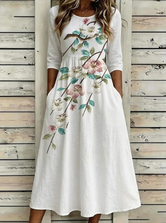 Women Floral H-Line Maxi Crew Neck Casual Summer Daily Dress-image-17107295