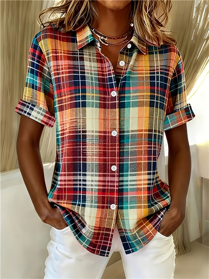 Women Plaid Casual Shirts Shirt Collar Printing Button Up Shirt Short Sleeve Summer Top-image-17107379