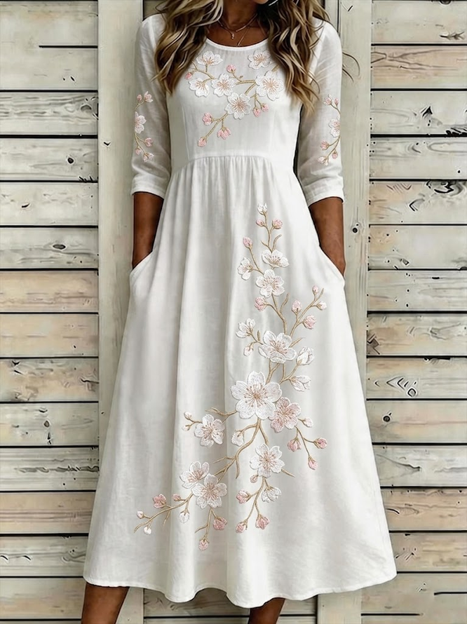 Women Floral H-Line Maxi Crew Neck Casual Summer Daily Dress-image-17107319