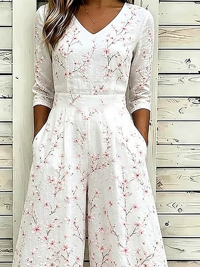Side view of Women Floral Casual V Neck Jumpsuits