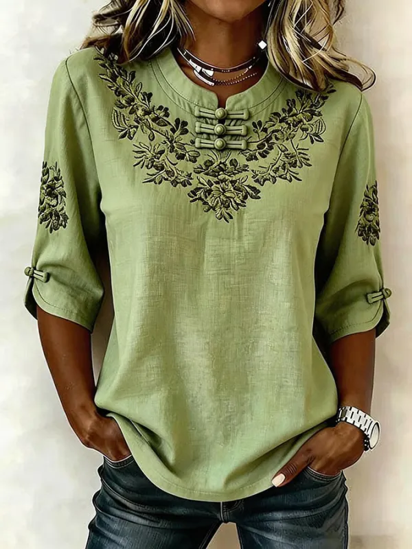 Women Floral Vintage Blouses Mandarin Collar Printing Half Sleeve Summer Top-image-17108025