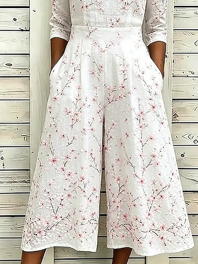 Side view of Women Floral Casual V Neck Jumpsuits