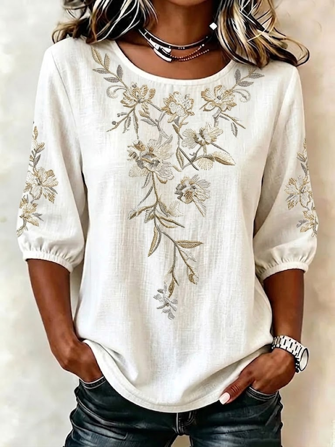Women Floral Vintage Blouses Crew Neck Printing Half Sleeve Summer Top-image-17107977