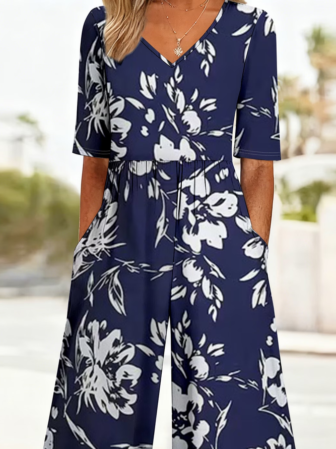 Side view of Women Floral Casual V Neck Jumpsuits