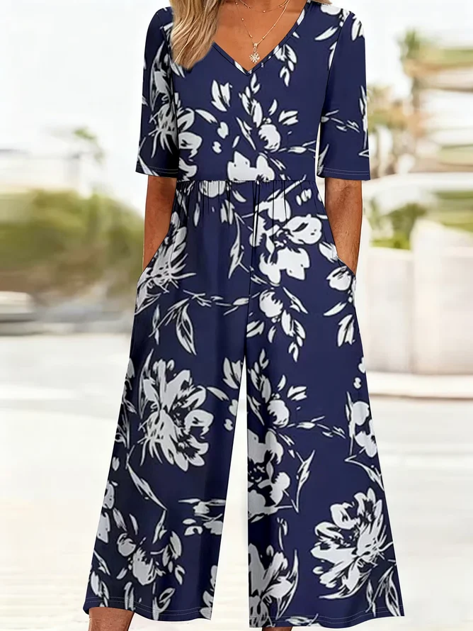 Women Floral Casual V Neck Jumpsuits-image-17108109
