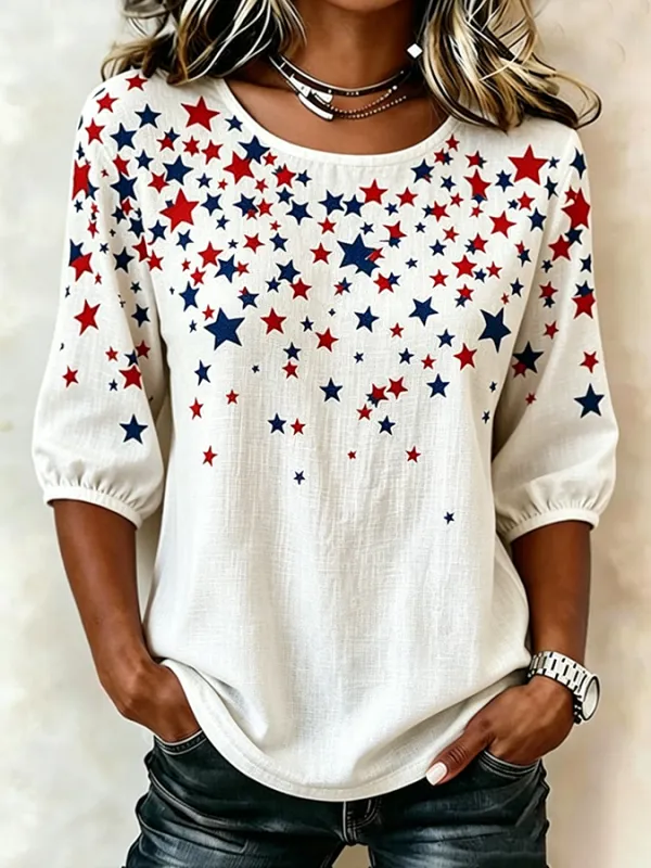 Women Star Vintage Blouses Crew Neck Printing Half Sleeve Summer Top-image-17107953