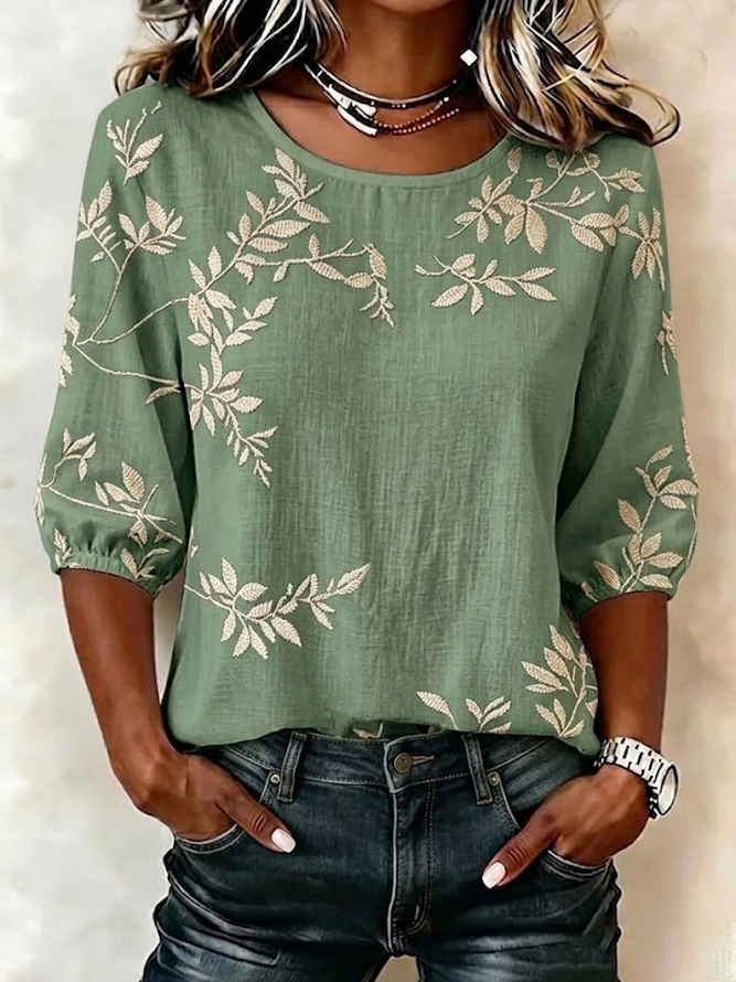 Women Leaf Vintage Blouses Crew Neck Printing Half Sleeve Summer Top-image-17107941