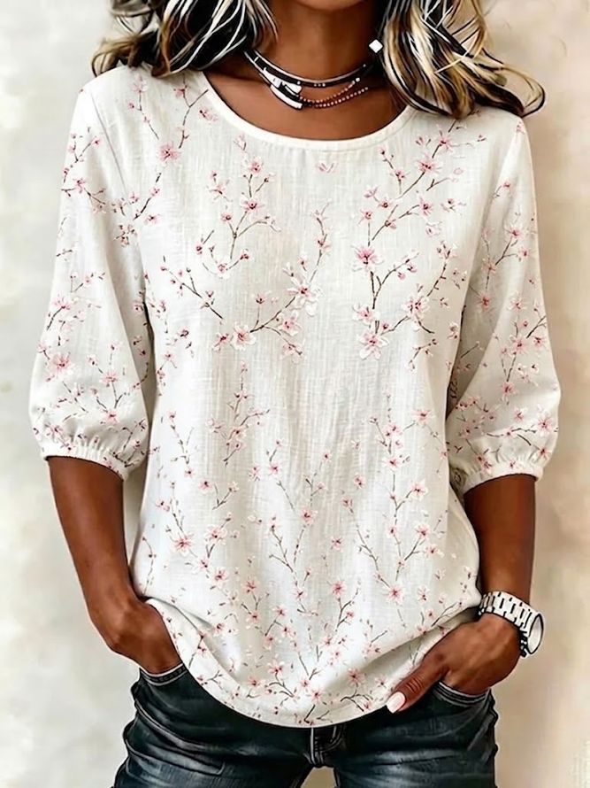 Women Floral Vintage Blouses Crew Neck Printing Half Sleeve Summer Top-image-17107965