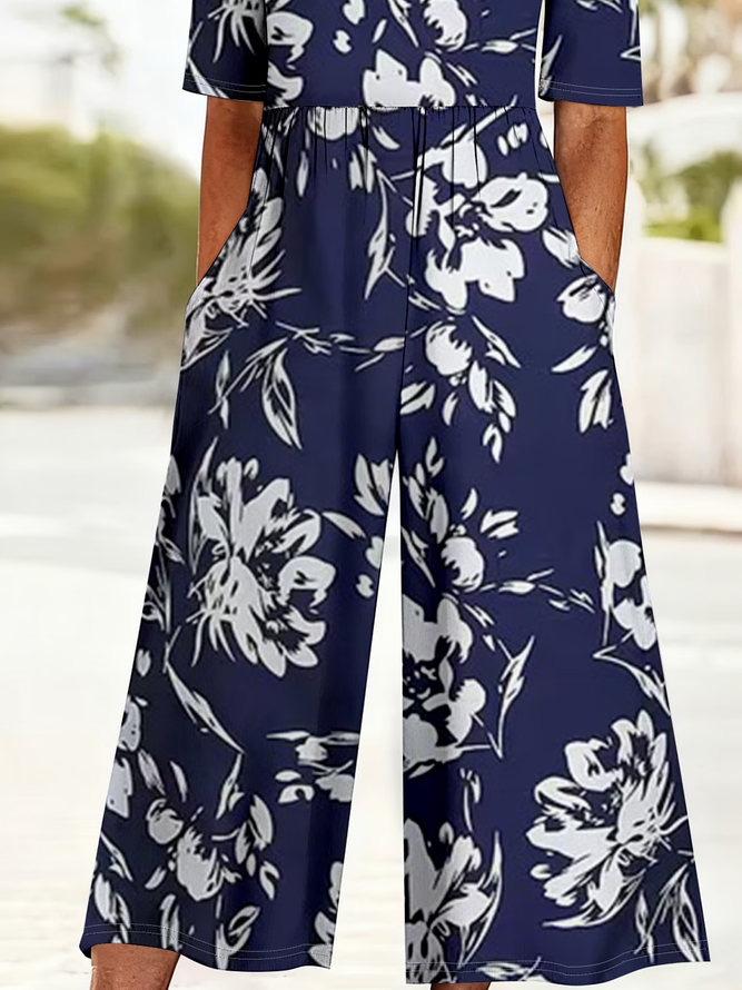 Side view of Women Floral Casual V Neck Jumpsuits