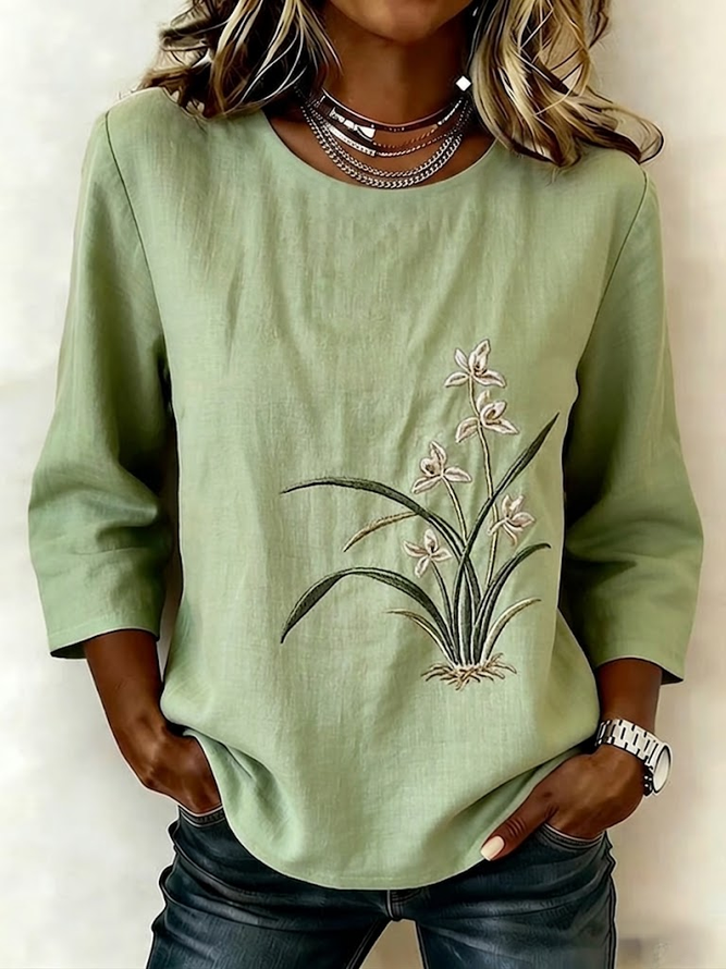 Women Floral Vintage Blouses Crew Neck Printing Half Sleeve Summer Top-image-17108667