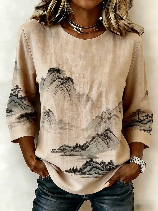 Women Landscape Painting Vintage Blouses Crew Neck Printing Half Sleeve Summer Top-image-17108655