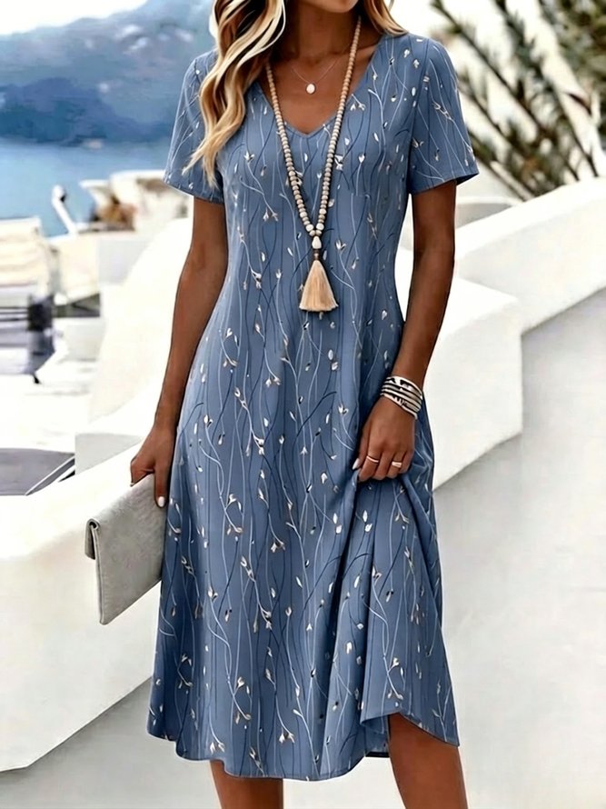 Women Floral A-Line Midi V Neck Fit &amp; Flare Dress Casual Summer Daily Dress-image-17116035