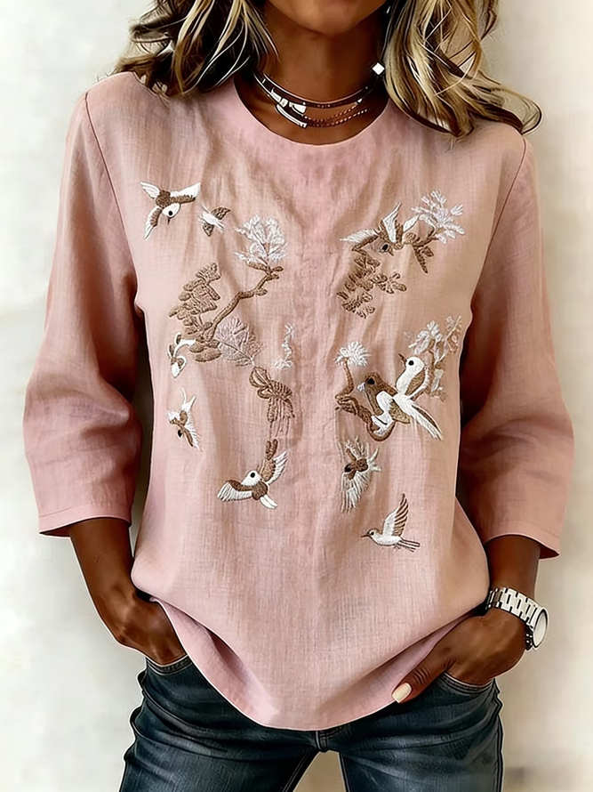 Women Floral Vintage Blouses Crew Neck Printing Half Sleeve Summer Top-image-17108643