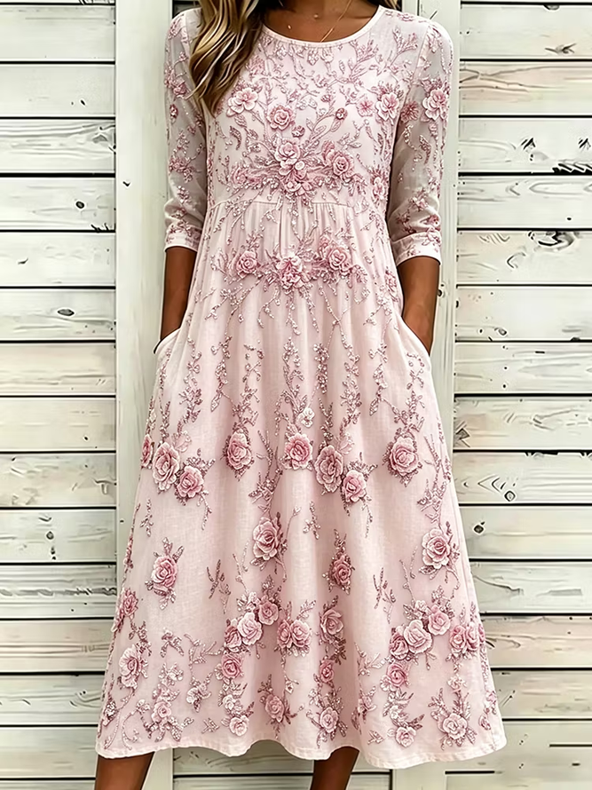 Women Floral H-Line Maxi Crew Neck Casual Summer Daily Dress-image-17108756
