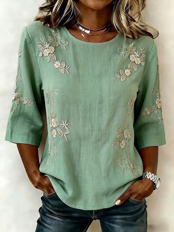 Women Floral Vintage Blouses Crew Neck Printing Half Sleeve Summer Top-image-17108679