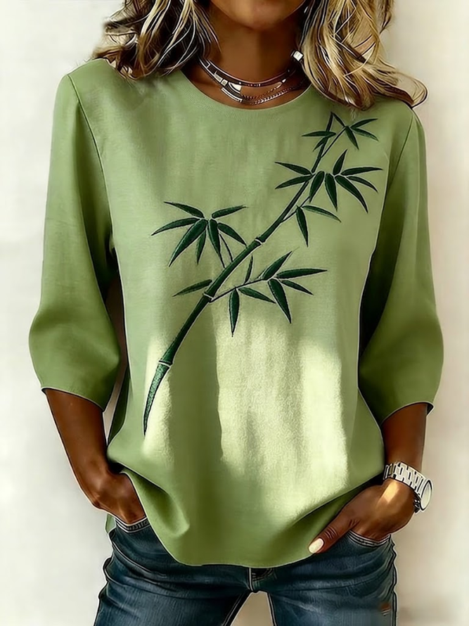 Women Leaf Vintage Blouses Crew Neck Printing Half Sleeve Summer Top-image-17108631