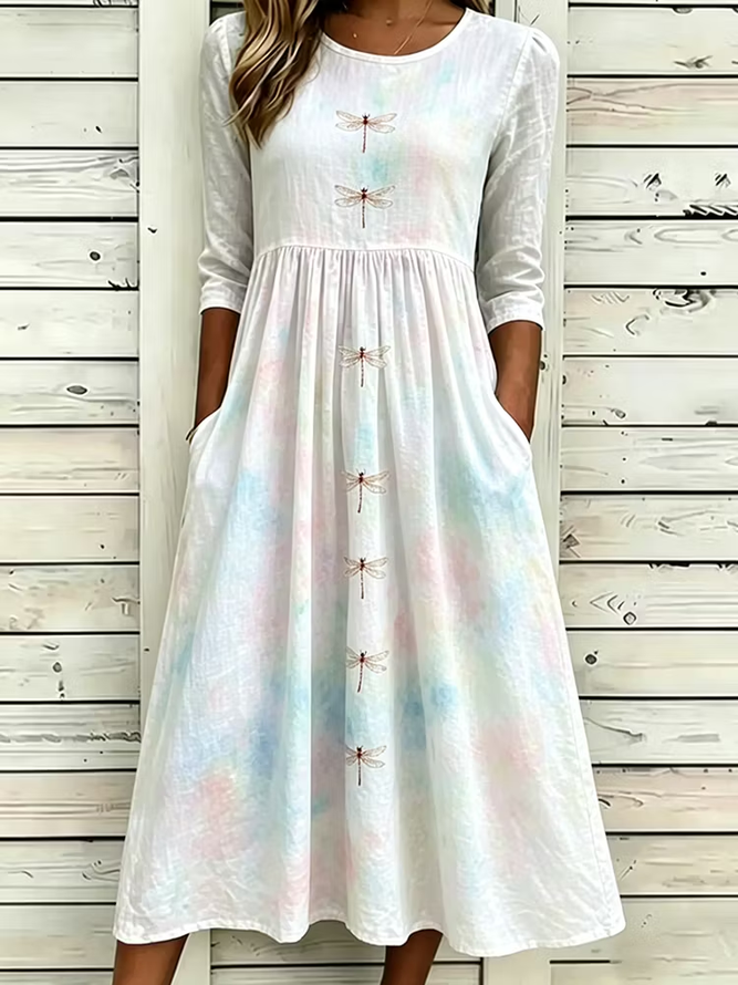 Women Dragonfly H-Line Maxi Crew Neck Casual Summer Daily Dress-image-17108768
