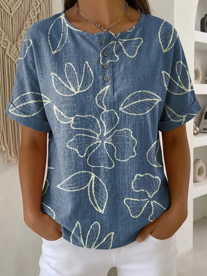Women Floral Vintage Short Sleeve Tee T-shirt Crew Neck Summer Printing Top-image-17109971