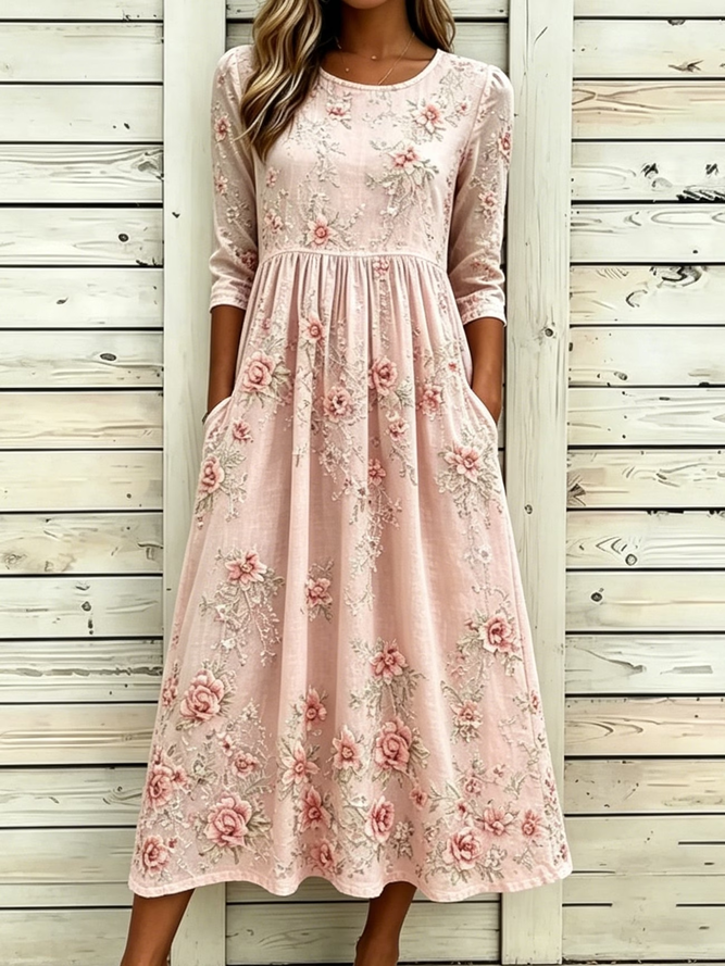 Women Floral H-Line Maxi Crew Neck Casual Summer Daily Dress-image-17106992