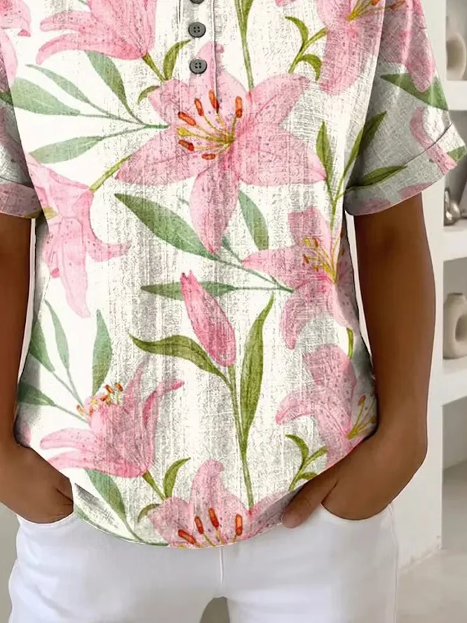 Side view of Women Floral Vintage Short Sleeve Tee T-shirt Crew Neck Summer Printing Top