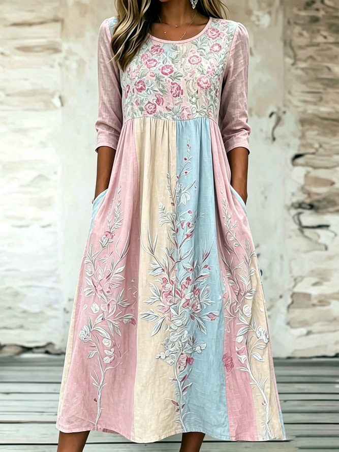 Women Floral H-Line Maxi Crew Neck Casual Summer Daily Dress-image-17109852