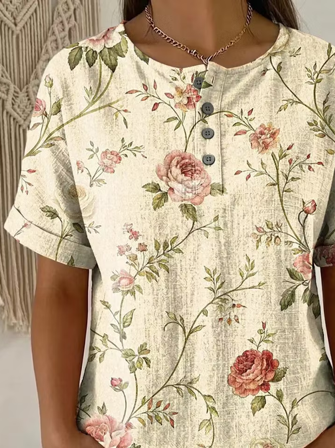 Side view of Women Floral Vintage Short Sleeve Tee T-shirt Crew Neck Summer Printing Top