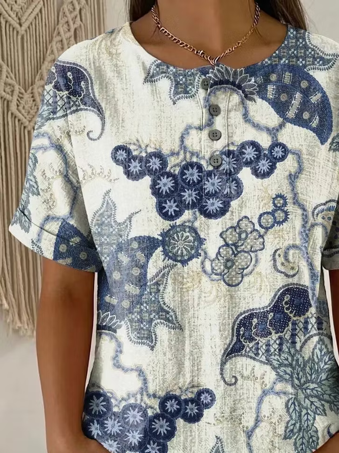 Side view of Women Abstract Vintage Short Sleeve Tee T-shirt Crew Neck Summer Printing Top