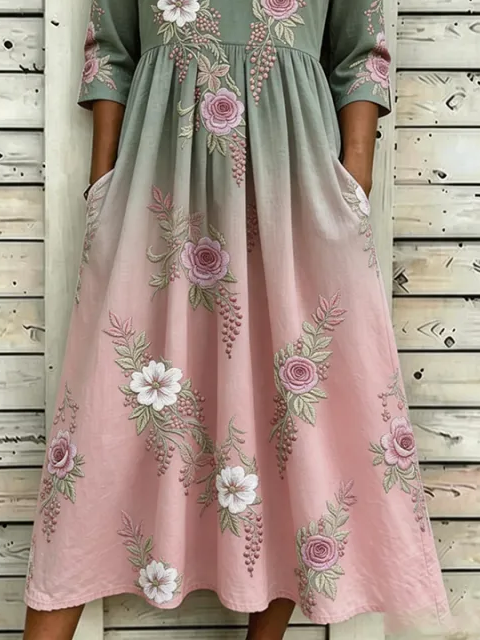 Side view of Women Floral H-Line Maxi Crew Neck Casual Summer Daily Dress