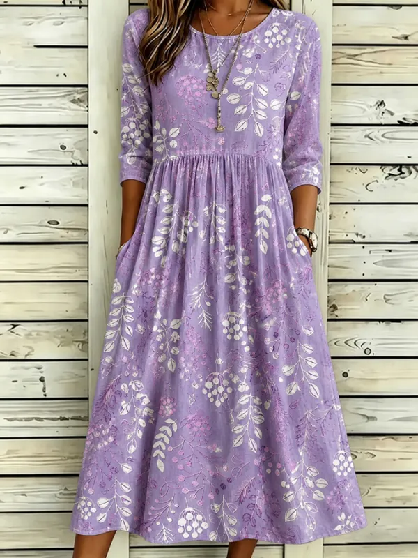 Women Floral H-Line Maxi Crew Neck Casual Summer Daily Dress-image-17109828