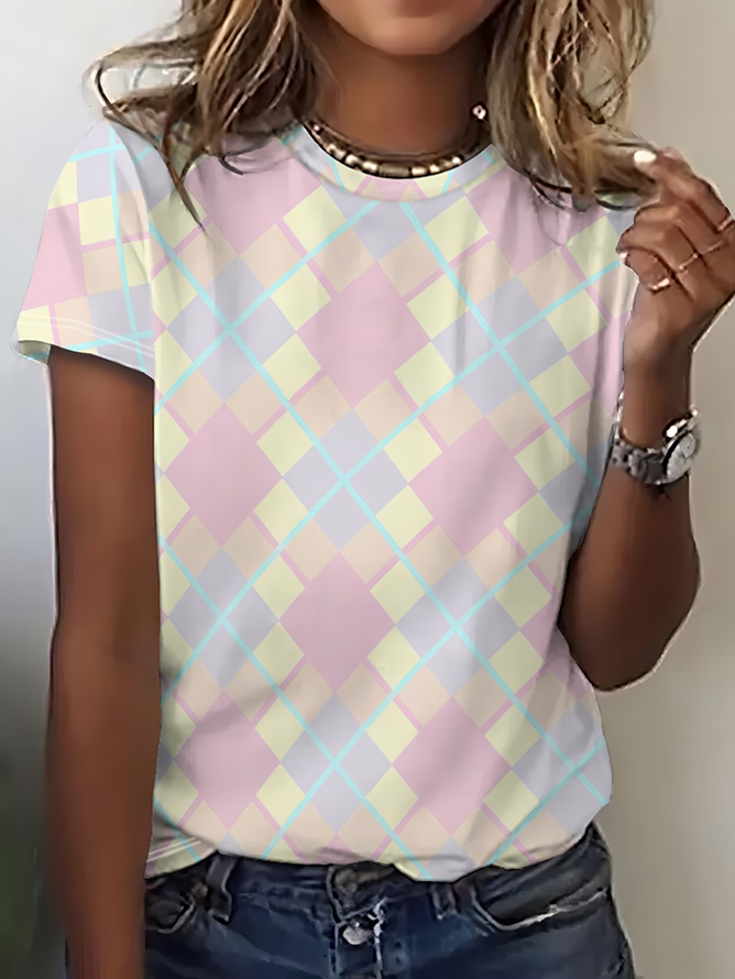 Women Plaid Casual Short Sleeve Tee T-shirt Crew Neck Summer Printing Graphic Tee Top-image-17110139