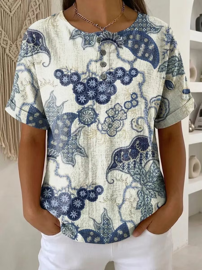 Women Abstract Vintage Short Sleeve Tee T-shirt Crew Neck Summer Printing Top-image-17110115