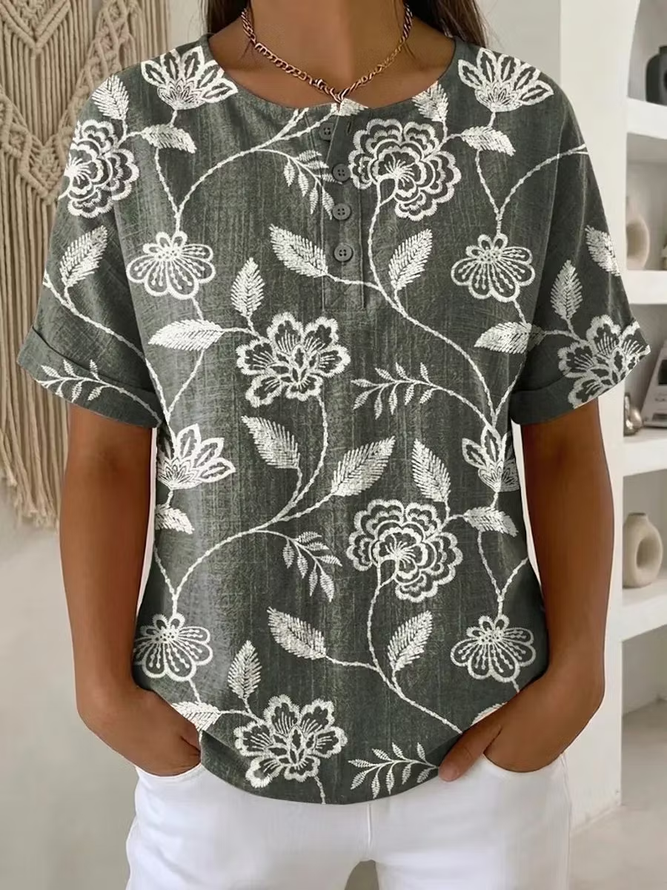 Women Floral Vintage Short Sleeve Tee T-shirt Crew Neck Summer Printing Top-image-17110028