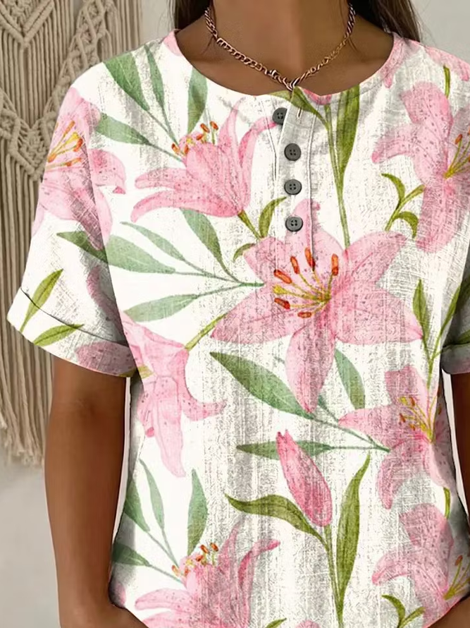 Side view of Women Floral Vintage Short Sleeve Tee T-shirt Crew Neck Summer Printing Top