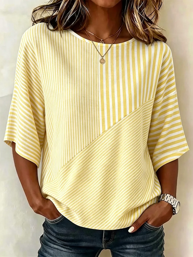 Women Striped Vintage Blouses Crew Neck Printing Half Sleeve Summer Top-image-17109882