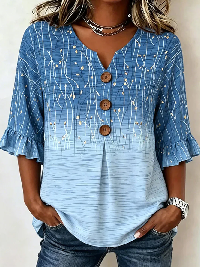 Women Floral Vintage Blouses V Neck Printing Half Sleeve Summer Top-image-17109894
