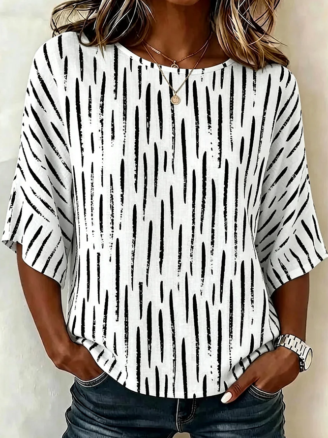 Women Abstract Stripes Vintage Blouses Crew Neck Printing Half Sleeve Summer Top-image-17109870