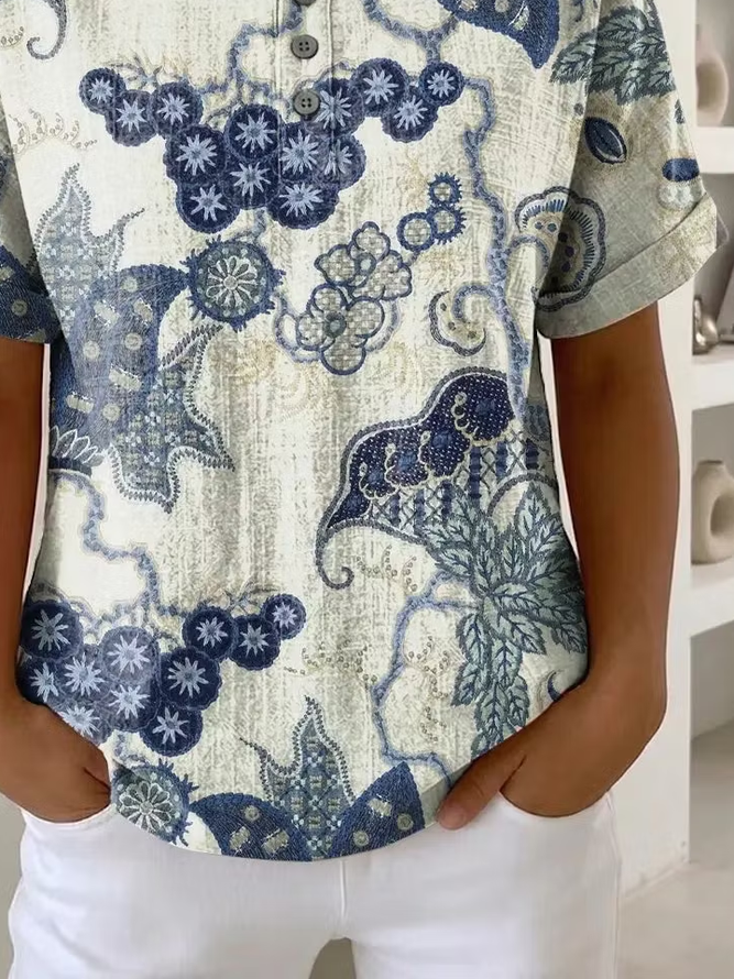 Side view of Women Abstract Vintage Short Sleeve Tee T-shirt Crew Neck Summer Printing Top