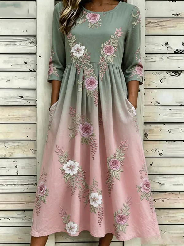 Women Floral H-Line Maxi Crew Neck Casual Summer Daily Dress-image-17109840
