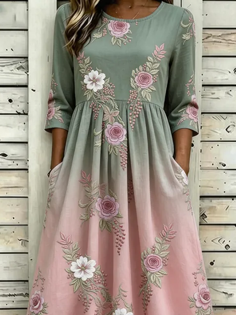 Side view of Women Floral H-Line Maxi Crew Neck Casual Summer Daily Dress