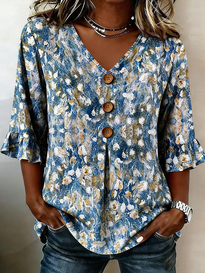 Women Abstract Vintage Blouses V Neck Printing Half Sleeve Summer Top-image-17109906