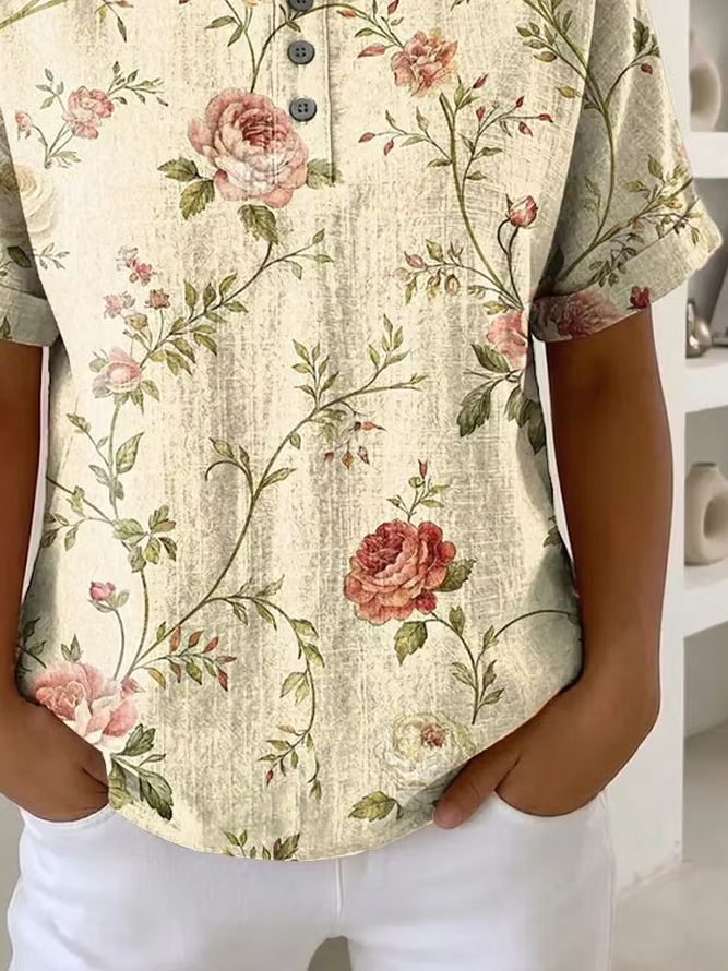 Side view of Women Floral Vintage Short Sleeve Tee T-shirt Crew Neck Summer Printing Top